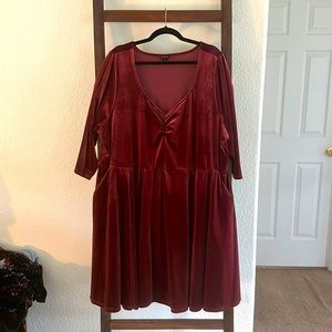 Burgundy velvet ruched bodice skater dress with 3/4 sleeves